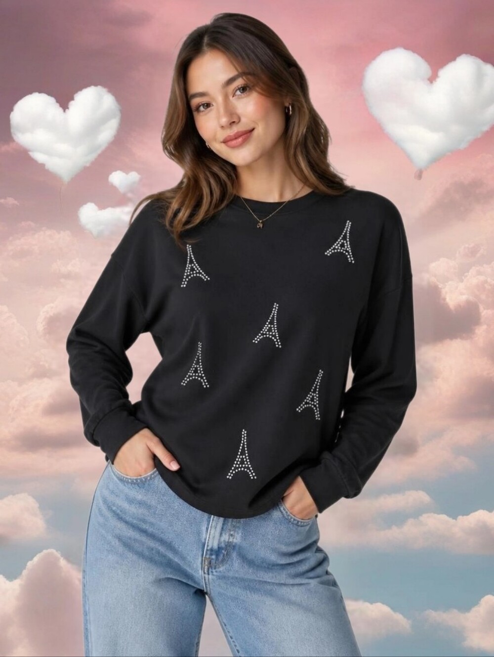 New Rhinestone Eiffel Tower sweatshirt top Women PLUS